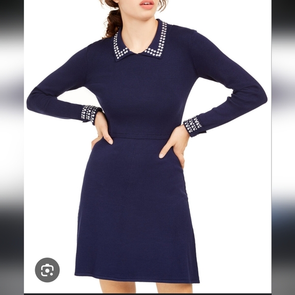 Rosie Harlow Blue Knit Long Sleeve Sweater Dress NWT Studded - Picture 1 of 13